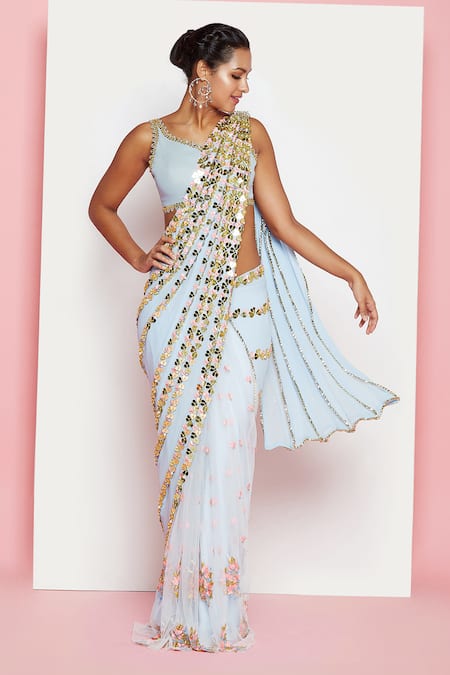 Papa Don't Preach Blue Georgette Embroidery Confetti From The Sky Pre-stitched Saree With Blouse 