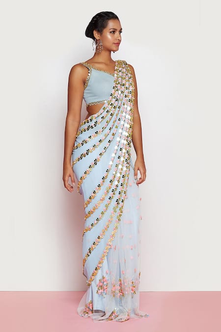 Papa Don't Preach_Blue Georgette, Tulle, Confetti From The Sky Pre-stitched Saree With Blouse _Online_at_Aza_Fashions