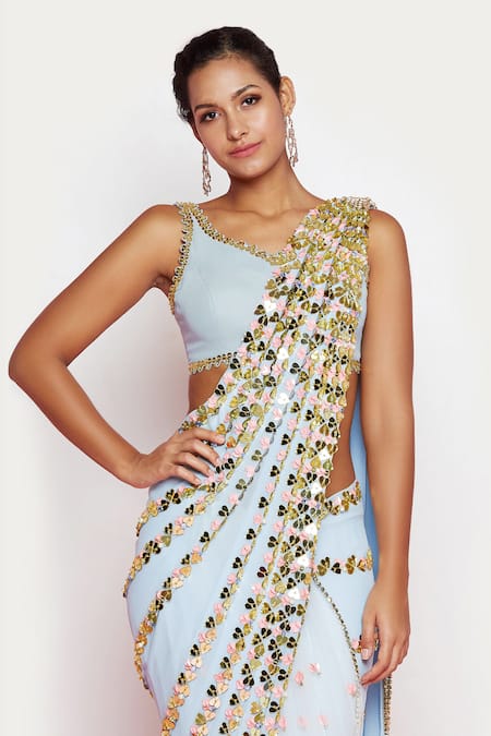 Buy_Papa Don't Preach_Blue Georgette, Tulle, Confetti From The Sky Pre-stitched Saree With Blouse _Online_at_Aza_Fashions