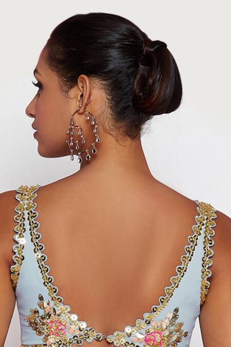 Papa Don't Preach_Blue Georgette, Tulle, Confetti From The Sky Pre-stitched Saree With Blouse _at_Aza_Fashions