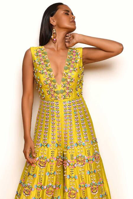 Papa Don't Preach_Yellow Silk Beads, Embroidery V-neck Fiercely Frenzy Embellished Jumpsuit _Online_at_Aza_Fashions