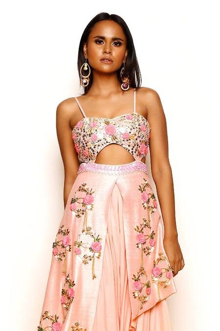 Papa Don't Preach_Peach Silk, Cotton Embroidery Sweetheart Neck Floral Glass Beads Jumpsuit _Online_at_Aza_Fashions