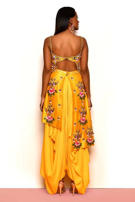 Shop Papa Dont Preach Yellow Silk, Cotton Sequins, Beads Buggered Embellished Dhoti Jumpsuit at Aza Fashions Shop_Papa Dont Preach_Yellow Silk, Cotton Sequins, Beads Buggered Embellished Dhoti Jumpsuit_at_Aza_Fashions