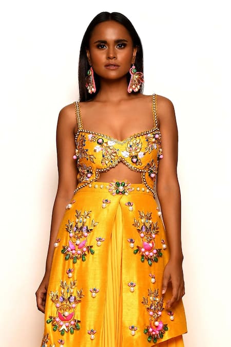 Papa Dont Preach Yellow Silk, Cotton Sequins, Beads Buggered Embellished Dhoti Jumpsuit Online at Aza Fashions Papa Dont Preach_Yellow Silk, Cotton Sequins, Beads Buggered Embellished Dhoti Jumpsuit_Online_at_Aza_Fashions