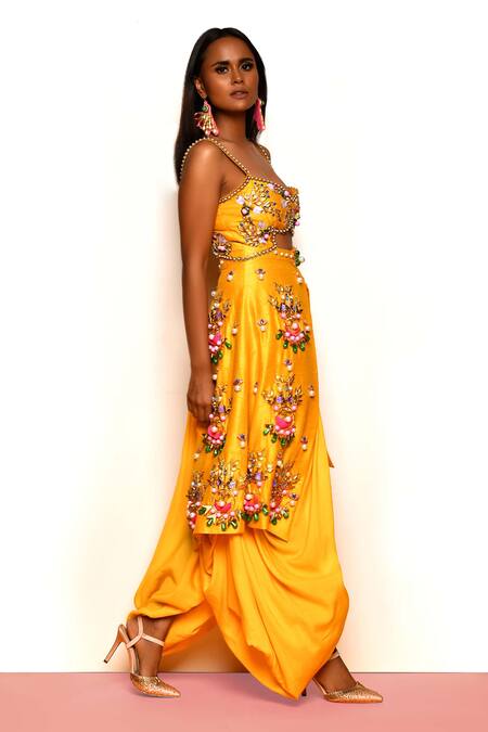 Buy Papa Dont Preach Yellow Silk, Cotton Sequins, Beads Buggered Embellished Dhoti Jumpsuit Online at Aza Fashions Buy_Papa Dont Preach_Yellow Silk, Cotton Sequins, Beads Buggered Embellished Dhoti Jumpsuit_Online_at_Aza_Fashions