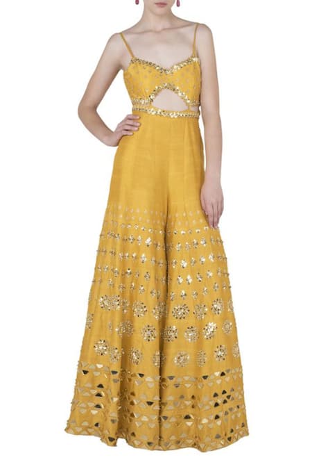 Papa Don't Preach_Yellow Silk Sequins, Cut Work Sweetheart Neck Sunset Embellished Jumpsuit _Online_at_Aza_Fashions