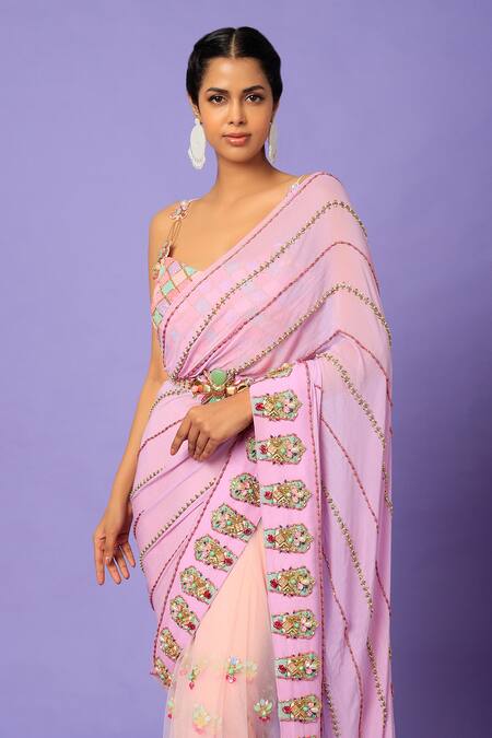 Papa Don't Preach_Purple Tulle, Keeping My Tabs Embellished Pre-stitched Saree With Blouse _Online_at_Aza_Fashions