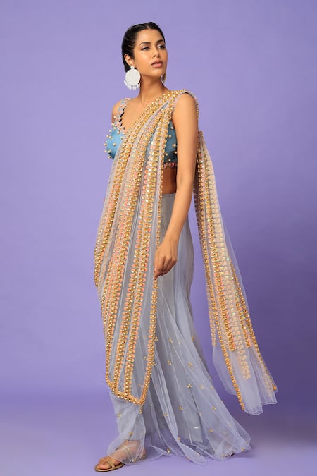 Papa Don't Preach Blue Georgette Embellished Shooting Star Pre-pleated Pallu Saree With Blouse 