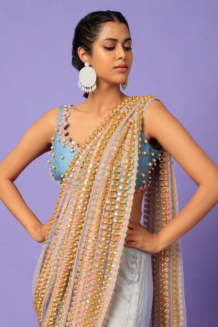 Buy_Papa Don't Preach_Blue Georgette, Shooting Star Embellished Pre-pleated Pallu Saree With Blouse _Online_at_Aza_Fashions