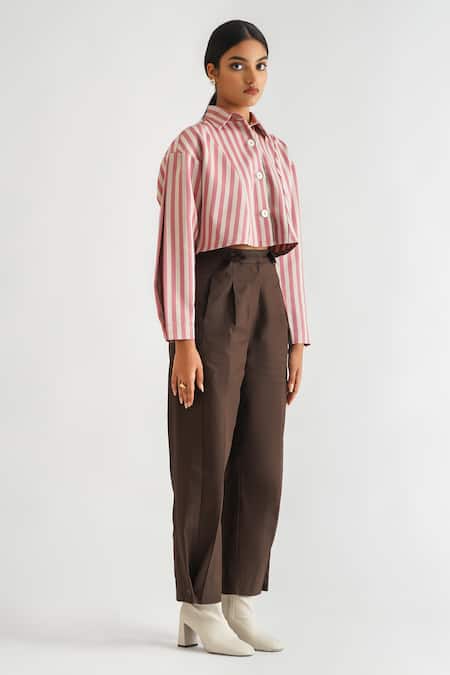 A Line Store_Pink Cotton Satin Stripe Collared Neck Pattern Cropped Shirt_Online_at_Aza_Fashions