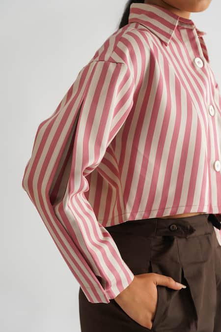 Buy_A Line Store_Pink Cotton Satin Stripe Collared Neck Pattern Cropped Shirt_Online_at_Aza_Fashions