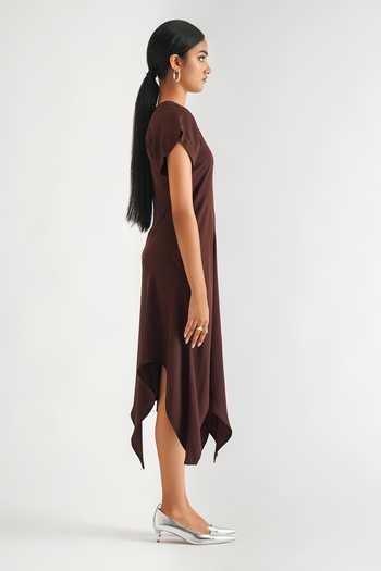 Buy Brown Moss Crepe Plain V Neck Hourglass Asymmetric Solid Dress For  Women by A LINE STORE Online at Aza Fashions.