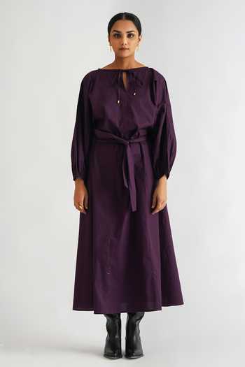 A Line Store_Purple Cotton Poplin Plain Keyhole Balloon Sleeve Midi Dress _Online_at_Aza_Fashions