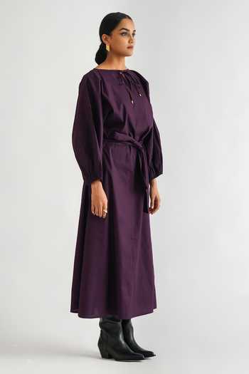 Buy_A Line Store_Purple Cotton Poplin Plain Keyhole Balloon Sleeve Midi Dress _Online_at_Aza_Fashions