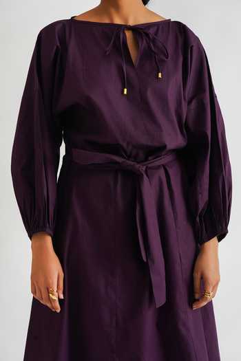Shop_A Line Store_Purple Cotton Poplin Plain Keyhole Balloon Sleeve Midi Dress _Online_at_Aza_Fashions