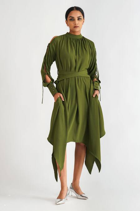 A LINE STORE Green Moss Crepe Plain Round High Neck Cold Shoulder Dress 