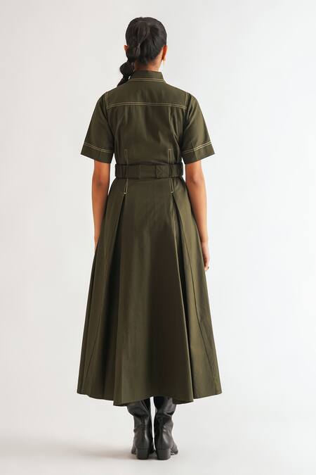 Shop A Line Store Green Cotton Twill Embroidery Stitchline Thread Spread Collar Dress at Aza Fashions Shop_A Line Store_Green Cotton Twill Embroidery Stitchline Thread Spread Collar Dress _at_Aza_Fashions