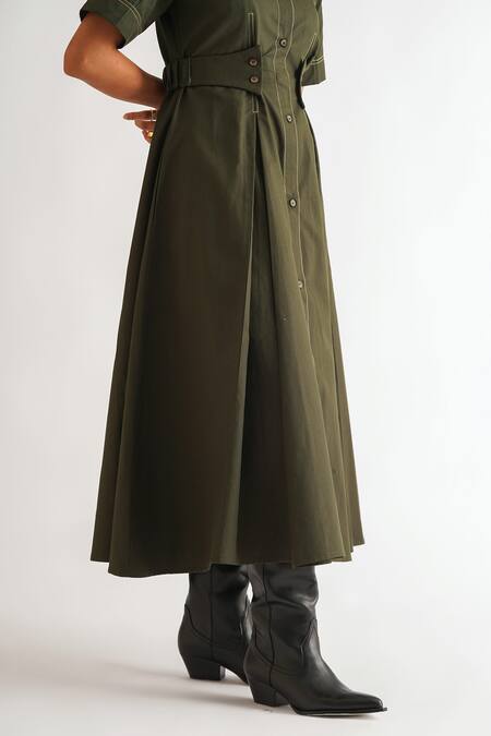 Buy A Line Store Green Cotton Twill Embroidery Stitchline Thread Spread Collar Dress Online at Aza Fashions Buy_A Line Store_Green Cotton Twill Embroidery Stitchline Thread Spread Collar Dress _Online_at_Aza_Fashions