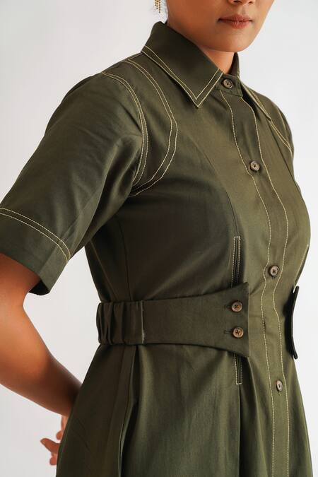 Shop A Line Store Green Cotton Twill Embroidery Stitchline Thread Spread Collar Dress Online at Aza Fashions Shop_A Line Store_Green Cotton Twill Embroidery Stitchline Thread Spread Collar Dress _Online_at_Aza_Fashions