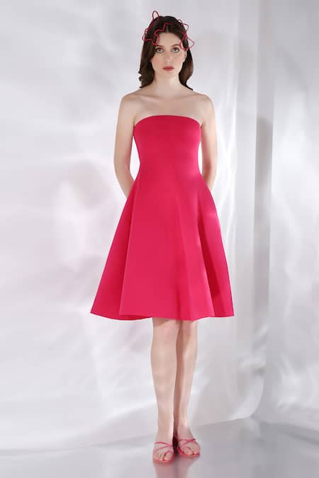 Ozeqo Pink Neoprene Off-shoulder Skater Tube Dress 