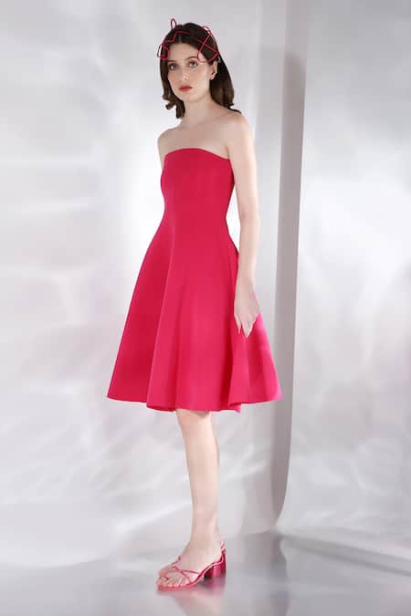 Ozeqo_Pink Neoprene Off-shoulder Skater Tube Dress _Online_at_Aza_Fashions