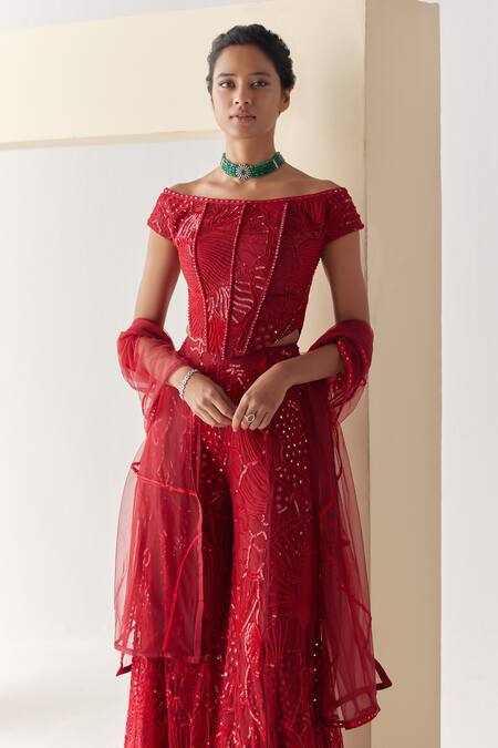 Buy_Mishru_Red Tulle Embroidery Sequins Off Hera Florid Crest Corset With Flared Pant 