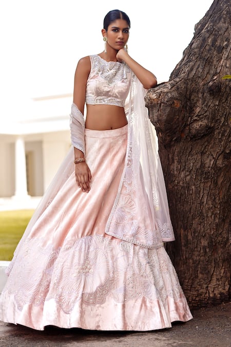 Shop Mishru Pink Lehenga And Blouse Velvet Embroidery Beads Round Neck Malley Bridal Set at Aza Fashions Shop_Mishru_Pink Lehenga And Blouse Velvet Embroidery Beads Round Neck Malley Bridal Set _at_Aza_Fashions