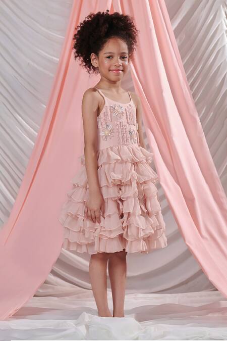 Littleens Pink Organza, Voile Pearls, Mirabella Florence Bloom Embellished Ruffle Dress Online at Aza Fashions Littleens_Pink Organza, Voile Pearls, Mirabella Florence Bloom Embellished Ruffle Dress _Online_at_Aza_Fashions