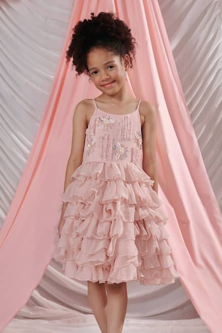 Littleens Pink Organza, Voile Pearls, Mirabella Florence Bloom Embellished Ruffle Dress at Aza Fashions Littleens_Pink Organza, Voile Pearls, Mirabella Florence Bloom Embellished Ruffle Dress _at_Aza_Fashions