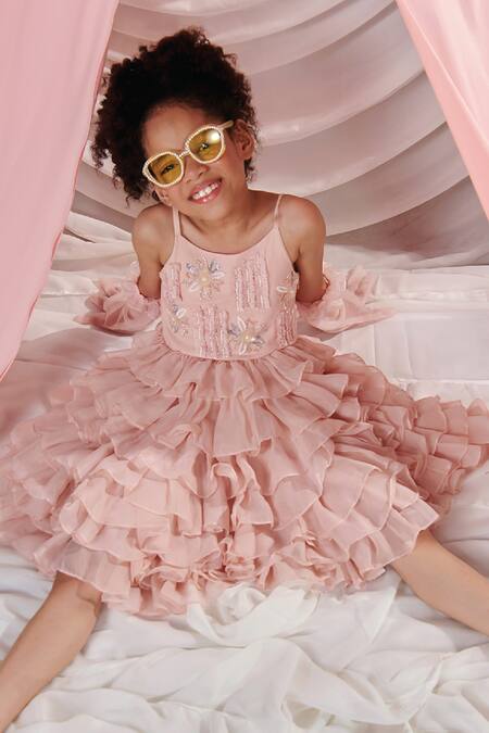 Buy Littleens Pink Organza, Voile Pearls, Mirabella Florence Bloom Embellished Ruffle Dress Buy_Littleens_Pink Organza, Voile Pearls, Mirabella Florence Bloom Embellished Ruffle Dress
