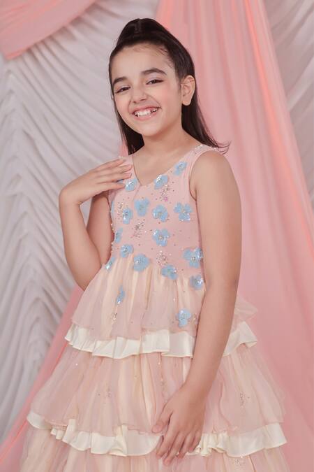 Littleens_Pink Organza, Voile Sequins Alessia 3d Iris Fleur Embellished Dress _Online_at_Aza_Fashions