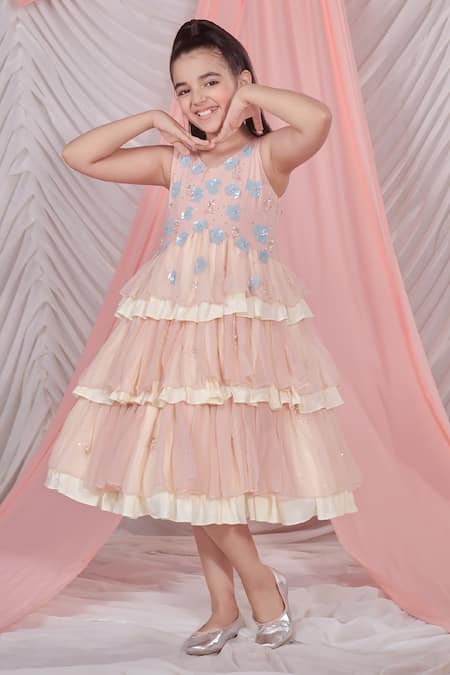 Buy_Littleens_Pink Organza, Voile Sequins Alessia 3d Iris Fleur Embellished Dress 