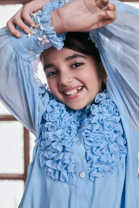 Shop_Littleens_Blue Organza, Voile Sequins, Beads Crystal Peasant Sleeve Shirt Dress _Online_at_Aza_Fashions