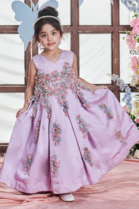 Littleens Purple Satin Embroidery, Amaranta 3d Bougainvillea Fleur Embellished Gown Online at Aza Fashions Littleens_Purple Satin Embroidery, Amaranta 3d Bougainvillea Fleur Embellished Gown _Online_at_Aza_Fashions