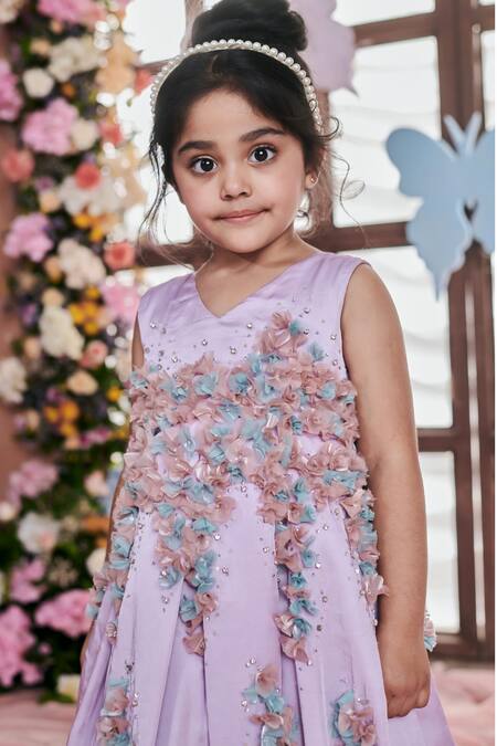 Shop Littleens Purple Satin Embroidery, Amaranta 3d Bougainvillea Fleur Embellished Gown Online at Aza Fashions Shop_Littleens_Purple Satin Embroidery, Amaranta 3d Bougainvillea Fleur Embellished Gown _Online_at_Aza_Fashions