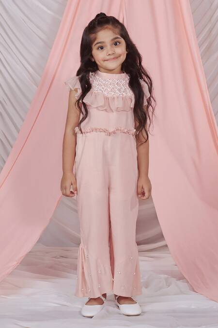 Littleens Pink Organza, Voile Pearls, Mia Ruffle Jumpsuit With Sequin Embellished Cape at Aza Fashions Littleens_Pink Organza, Voile Pearls, Mia Ruffle Jumpsuit With Sequin Embellished Cape _at_Aza_Fashions