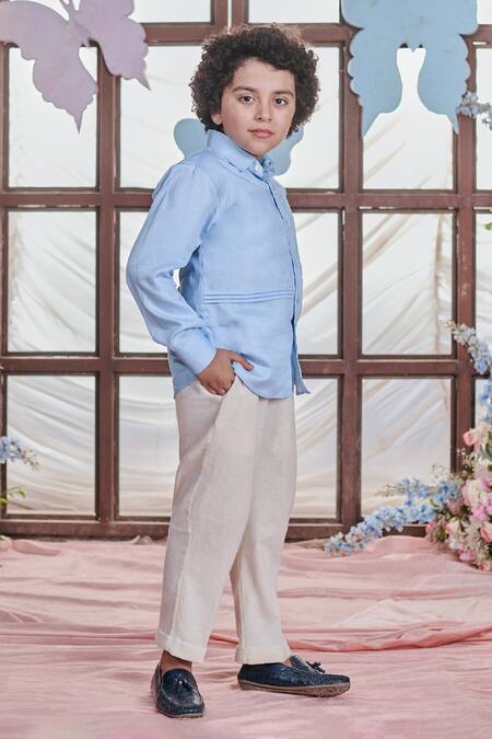 Littleens_Blue Velvet Embroidery Crystal Pintucked Shirt _Online_at_Aza_Fashions