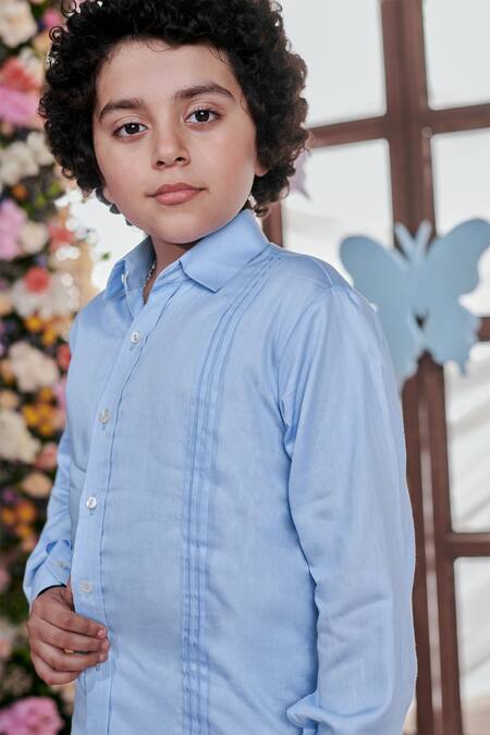 Buy_Littleens_Blue Velvet Embroidery Crystal Pintucked Shirt _Online_at_Aza_Fashions