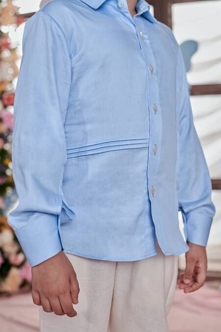 Shop_Littleens_Blue Velvet Embroidery Crystal Pintucked Shirt _Online_at_Aza_Fashions