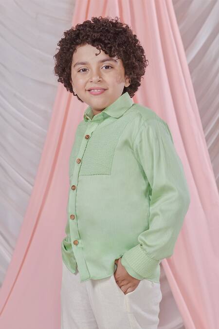 Littleens Green Velvet, Cotton Agata Vegan Silk Textured Striped Shirt Online at Aza Fashions Littleens_Green Velvet, Cotton Agata Vegan Silk Textured Striped Shirt _Online_at_Aza_Fashions