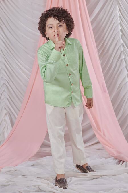 Shop Littleens Green Velvet, Cotton Agata Vegan Silk Textured Striped Shirt Online at Aza Fashions Shop_Littleens_Green Velvet, Cotton Agata Vegan Silk Textured Striped Shirt _Online_at_Aza_Fashions