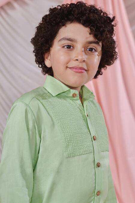 Littleens Green Velvet, Cotton Agata Vegan Silk Textured Striped Shirt at Aza Fashions Littleens_Green Velvet, Cotton Agata Vegan Silk Textured Striped Shirt _at_Aza_Fashions