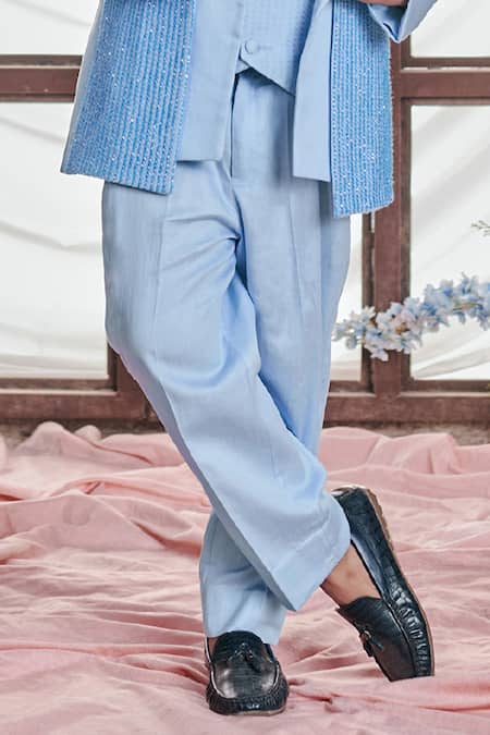 Littleens_Blue Satin, Velvet Embroidery Cielo Stripe Blazer Trouser Set _Online_at_Aza_Fashions