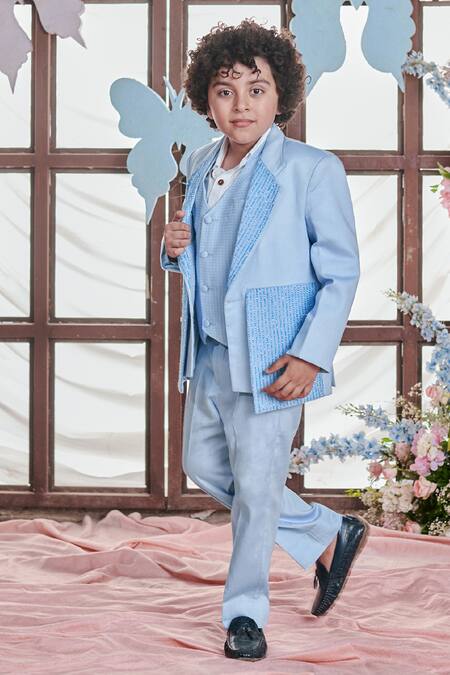 Buy_Littleens_Blue Satin, Velvet Embroidery Cielo Stripe Blazer Trouser Set _Online_at_Aza_Fashions