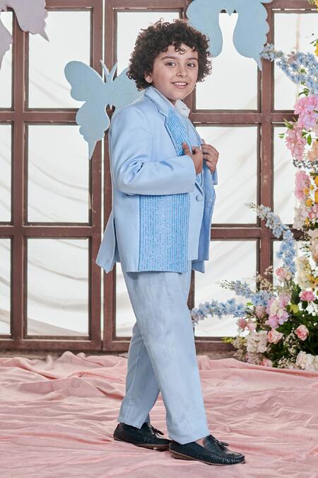 Shop_Littleens_Blue Satin, Velvet Embroidery Cielo Stripe Blazer Trouser Set _Online_at_Aza_Fashions