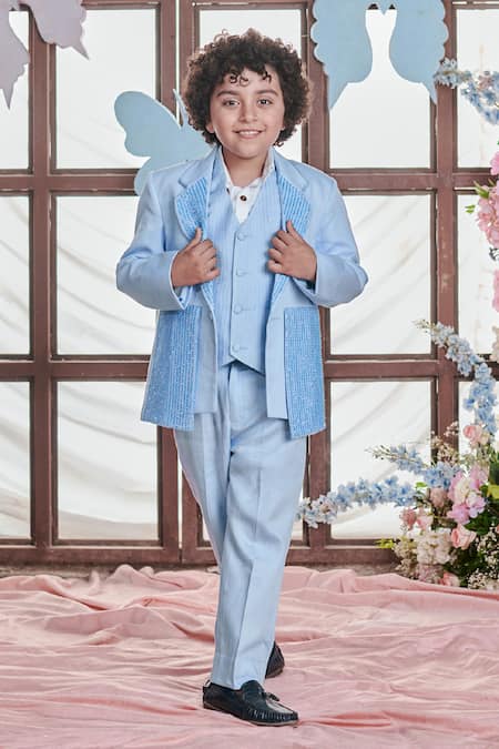 Littleens_Blue Satin, Velvet Embroidery Cielo Stripe Blazer Trouser Set _at_Aza_Fashions