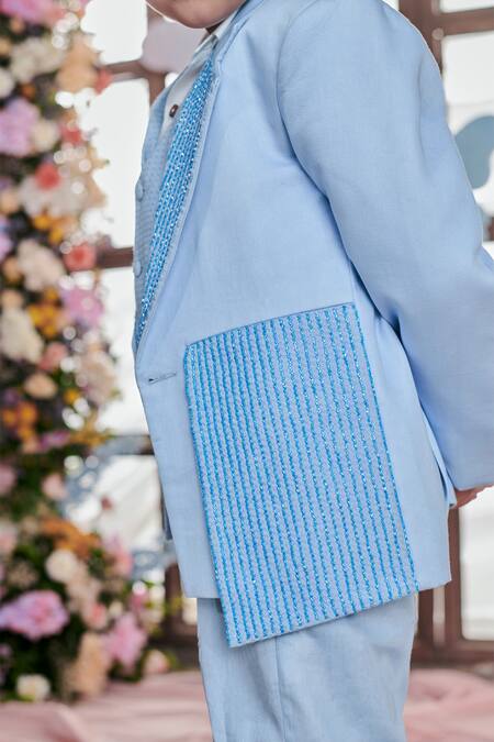 Buy_Littleens_Blue Satin, Velvet Embroidery Cielo Stripe Blazer Trouser Set 