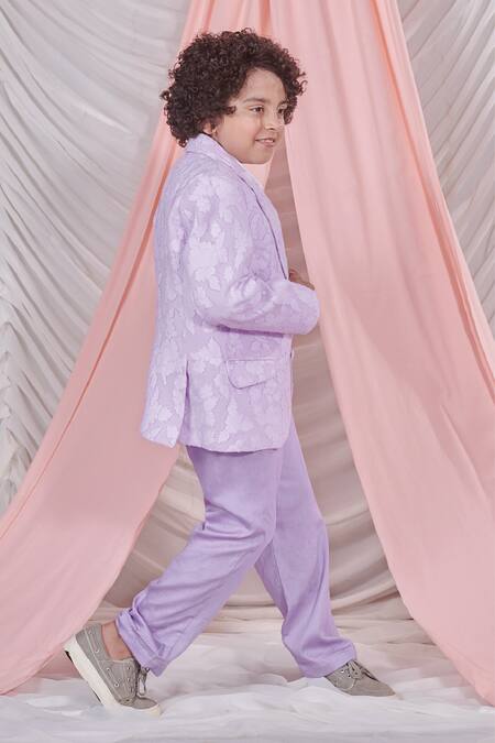 Shop_Littleens_Purple Jacquard, Cotton, Satin Romeo Floral Pattern Blazer Waistcoat Set _Online_at_Aza_Fashions