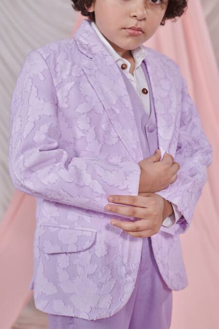 Littleens_Purple Jacquard, Cotton, Satin Romeo Floral Pattern Blazer Waistcoat Set _at_Aza_Fashions