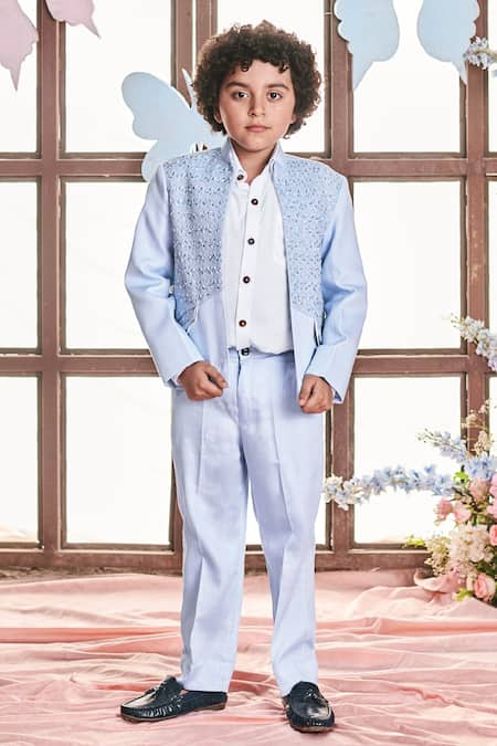 LITTLEENS Blue Jacquard Embroidered Sequin Pietro Bead And Work Jacket & Trouser Set 